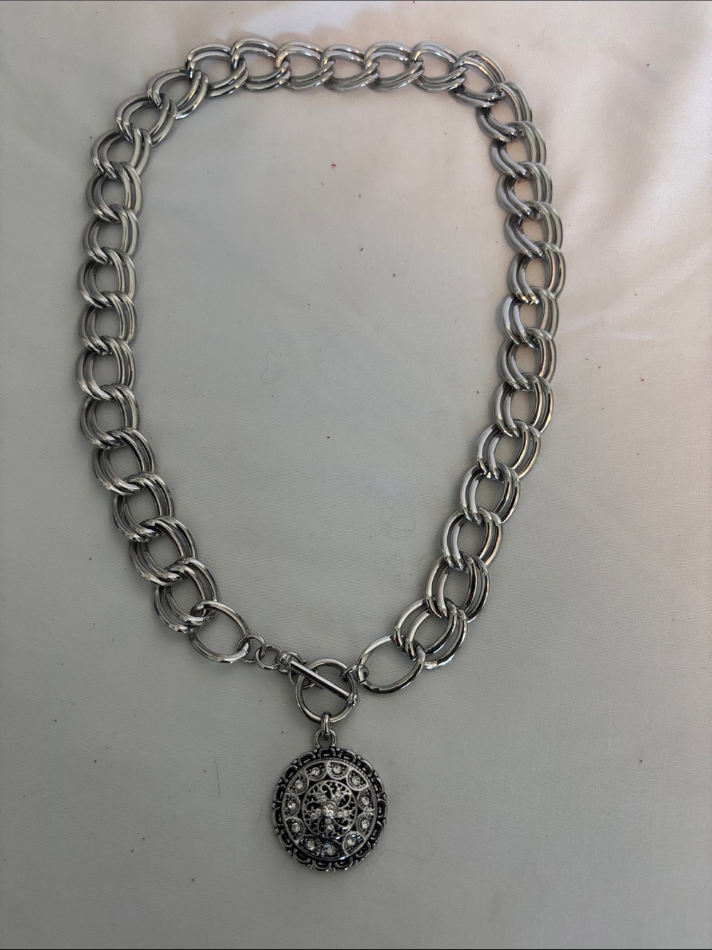 Silver-Tone Chain Necklace with Crystal Medallion